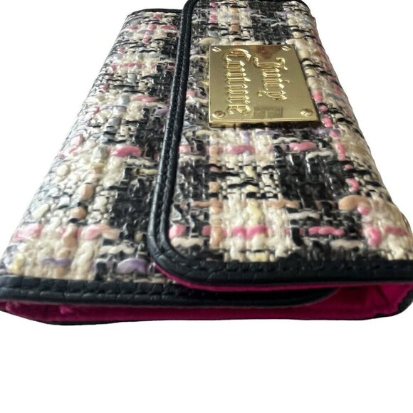 Juicy Couture Wallet Clutch Purse Tweed Plaid Black Pink Missing Chain Strap - Picture 6 of 14